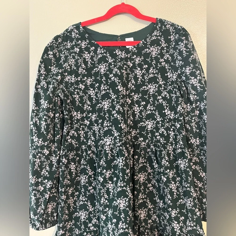 Gap Micro Corduroy Floral Green Girls Dress Tiered Fell Long Sleeves 12  New